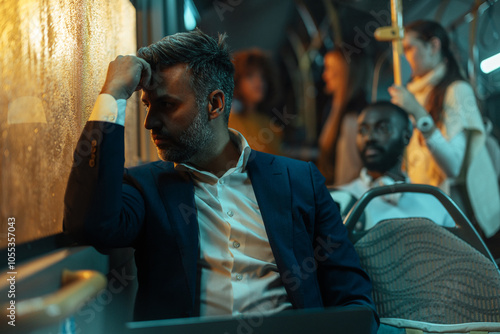 Quadro em tela Man in formal attire leaning on a bus window