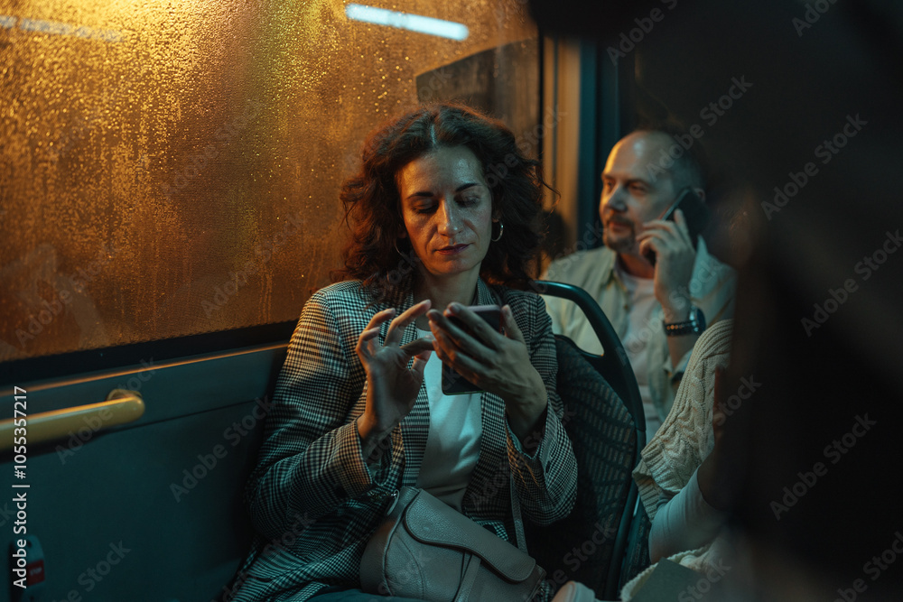 © bernardbodo - Woman scrolling on her phone while sitting on a bus © bernardbodo - Woman scrolling on her phone while sitting on a bus