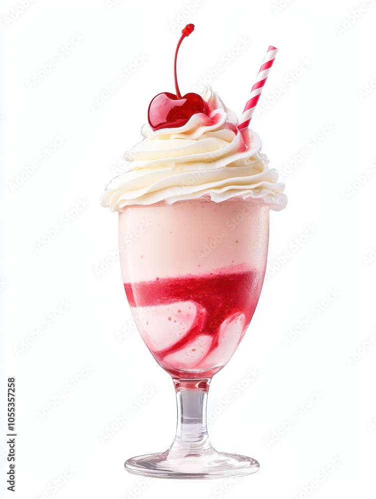 Delicious strawberry milkshake topped with whipped cream and cherry Delicious strawberry milkshake topped with whipped cream and cherry