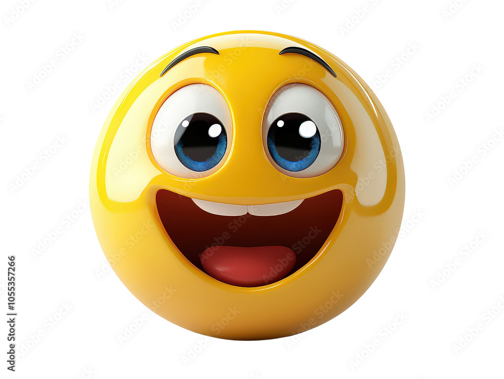 Bright yellow happy emoji with wide smile and big eyes, symbolizing joy, excitement, and positive emotions in digital communication.