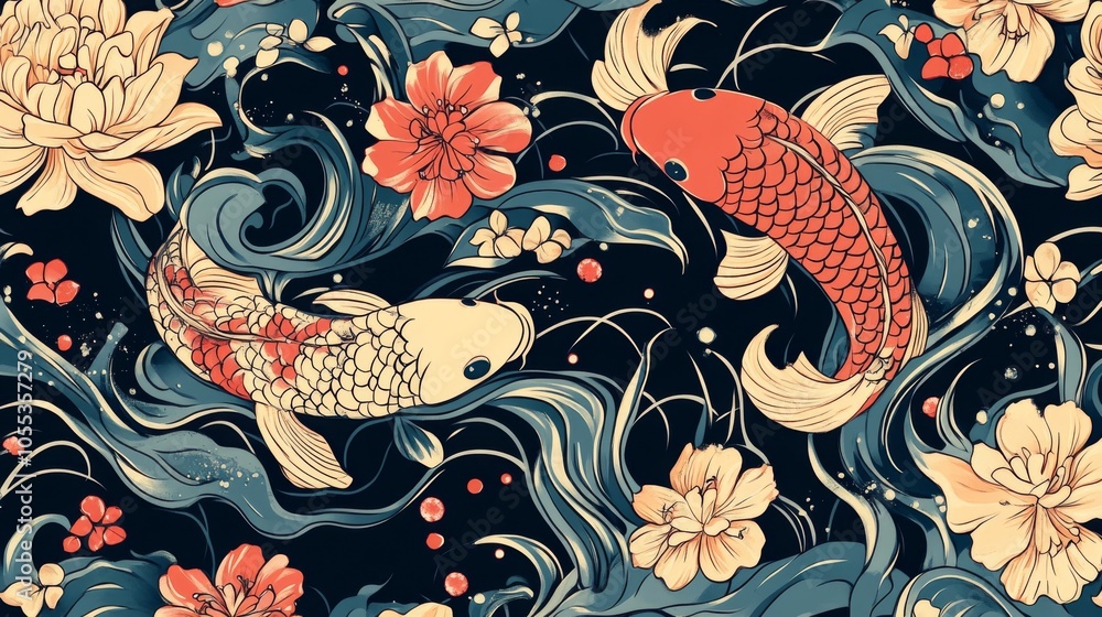 A painting of two koi fish swimming in a river with flowers in the background