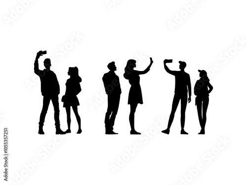 Couple taking selfie silhouette. Two people taking selfies isolated on a white background.