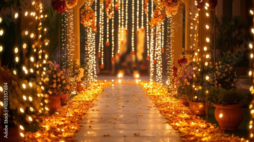 A magical evening pathway adorned with shimmering lights and flowers photo