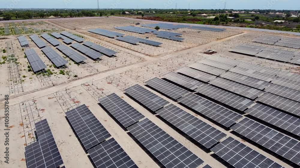 Aerial view of photovoltaic power plant with new solar panels under construction in Jambur, Gambia