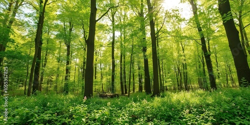 Lush green forest in spring and summer with vibrant foliage, tall trees, and sunlight filtering through the leaves, growth, natural