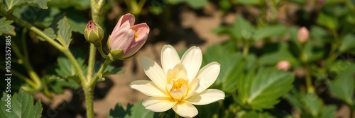 Lush green potato plants blooming with delicate white flowers in a sunlit field, sunny, crop