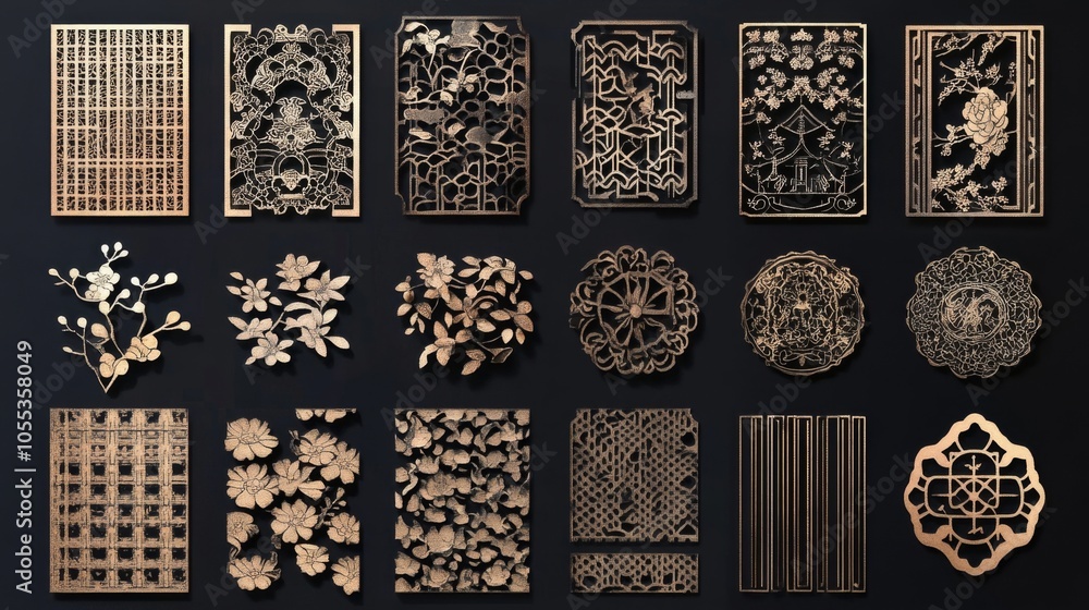 A collection of gold leaf designs, including flowers and leaves