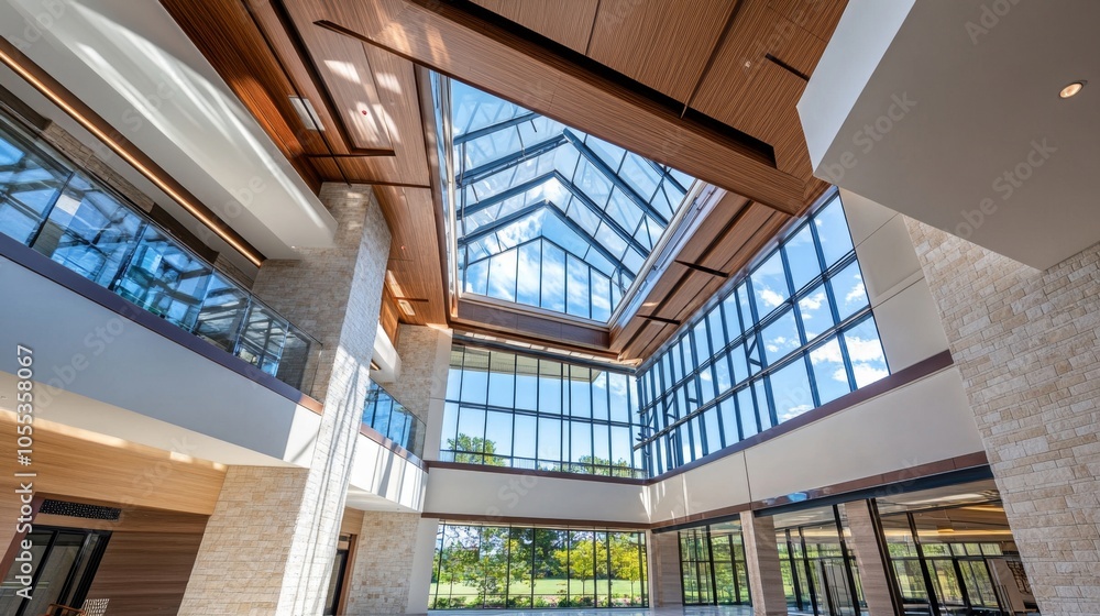 Modern Architectural Design of Sunlit Atrium with Glass Ceiling and Stone Walls Modern Architectural Design of Sunlit Atrium with Glass Ceiling and Stone Walls