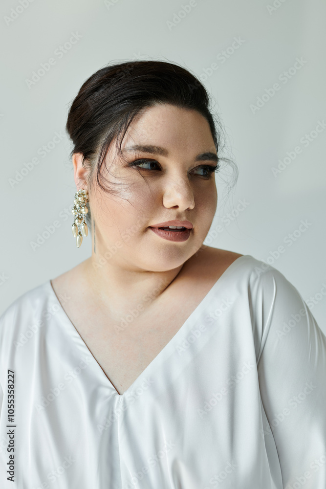 A radiant plus size bride showcases her beauty in a flowing white dress adorned with sparkling earrings. A radiant plus size bride showcases her beauty in a flowing white dress adorned with sparkling earrings.
