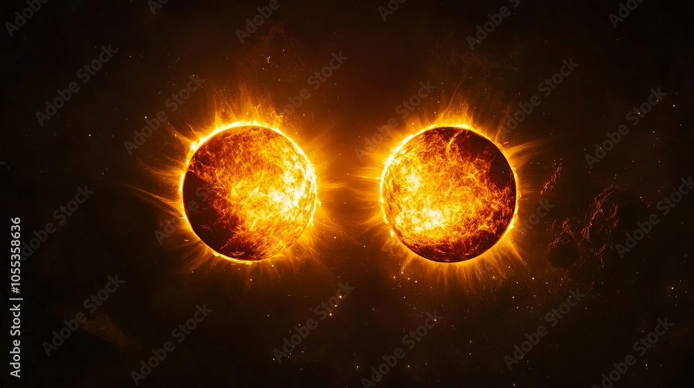 Obraz premium Two bright orange suns in the dark space with stars in the background