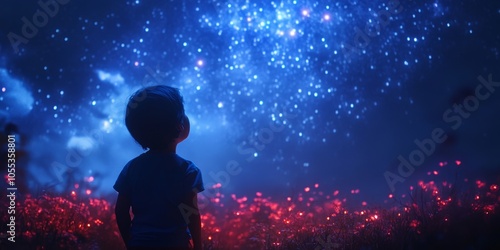 A child gazing in awe at the night sky, filled with glowing constellations - a magical and joyful scene