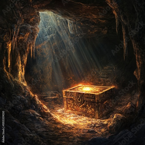 Medieval Treasure Chest Box in Fantasy Cave with Glowing Light