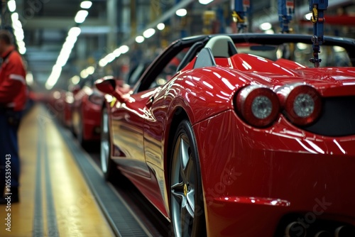 Mass Production. Modern Car Assembly Line in Busy Factory with Robotic Tools