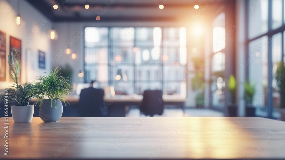 Abstract blurred modern office interior in morning light professional business presentation background of a contemporary workplace environment.