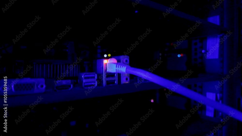Close up of a server with flashing red lights in a data center Close up of a server with flashing red lights in a data center