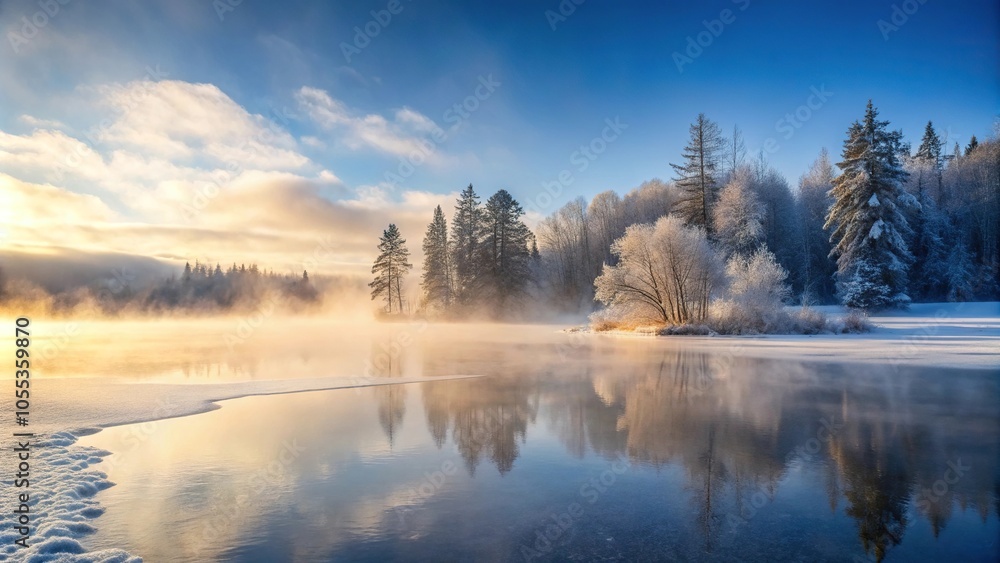 A delicate white mist is suspended above a frozen lake on a winter morning, mist, frosty A delicate white mist is suspended above a frozen lake on a winter morning, mist, frosty