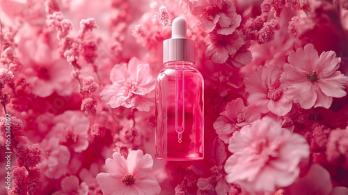 A bottle of perfume sitting on top of a bunch of pink flowers