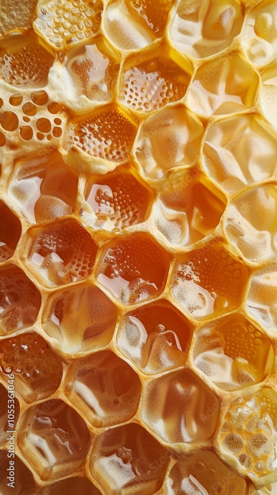 Close-up of honeycomb: hexagonal pattern, golden honey-filled cells show color variations, textured appearance, air bubbles add contrast. Close-up of honeycomb: hexagonal pattern, golden honey-filled cells show color variations, textured appearance, air bubbles add contrast.