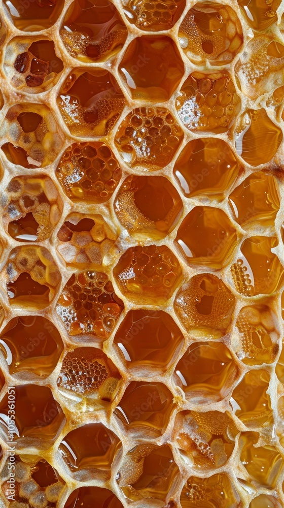 Close-up image of golden honey in a honeycomb, showing cracked and intact cells with solidified and fluid honey. Natural texture and color signify freshness and purity. Close-up image of golden honey in a honeycomb, showing cracked and intact cells with solidified and fluid honey. Natural texture and color signify freshness and purity.