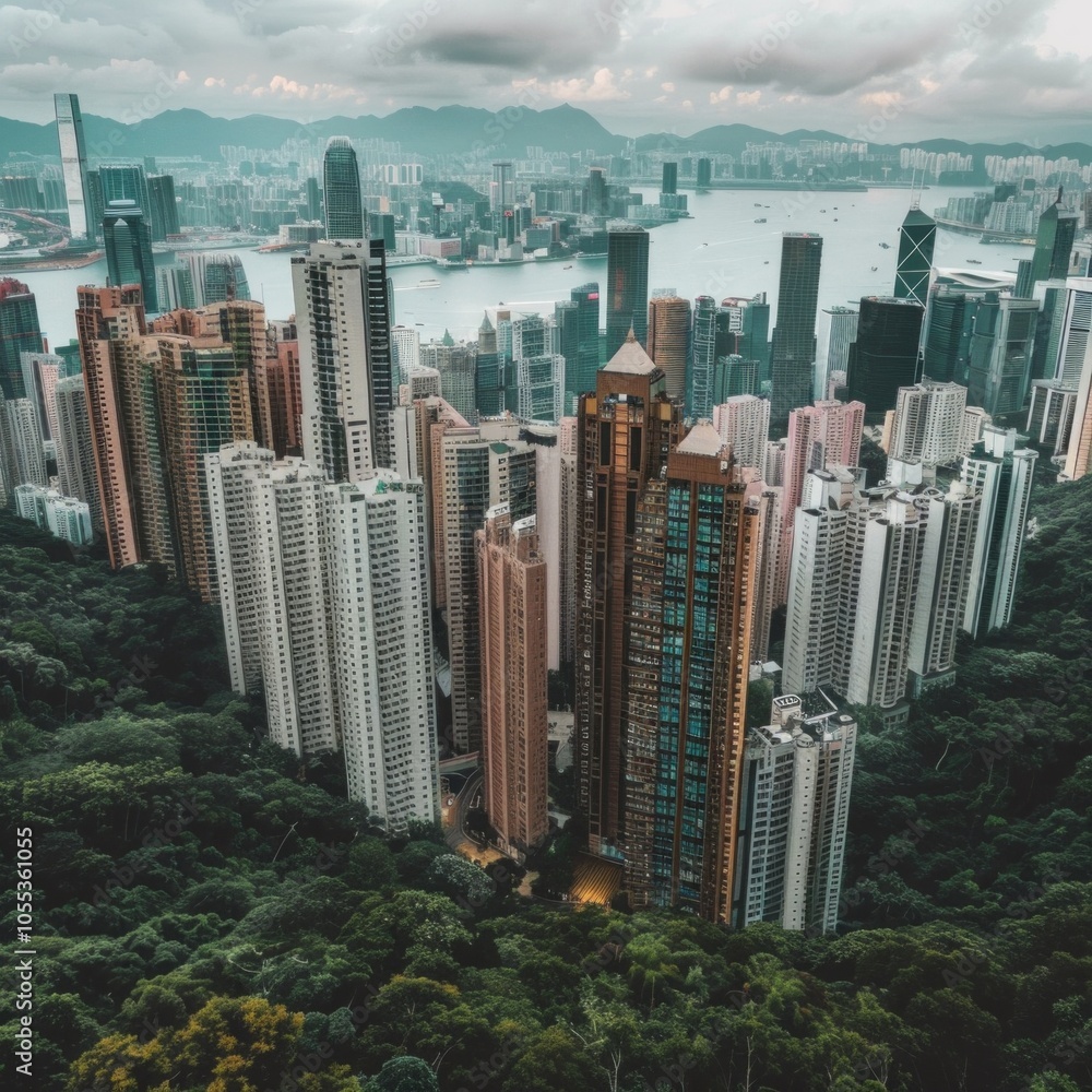 Obraz premium Aerial view of Hong Kong with skyscrapers, mountains in the background, river dividing urban from natural areas. Dark clouds add a dramatic touch.