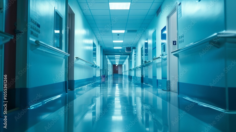 Deserted hospital corridor: bright, white walls, blue-tiled floor, closed doors with signage. Blue lighting evokes serenity in empty, quiet space. Deserted hospital corridor: bright, white walls, blue-tiled floor, closed doors with signage. Blue lighting evokes serenity in empty, quiet space.