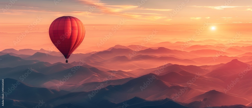 Fototapeta premium A red hot air balloon floats by mountains at sunrise or sunset, creating a serene yet grand atmosphere with misty skies and golden hues.