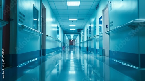 Deserted hospital corridor: bright, white walls, blue-tiled floor, closed doors with signage. Blue lighting evokes serenity in empty, quiet space.