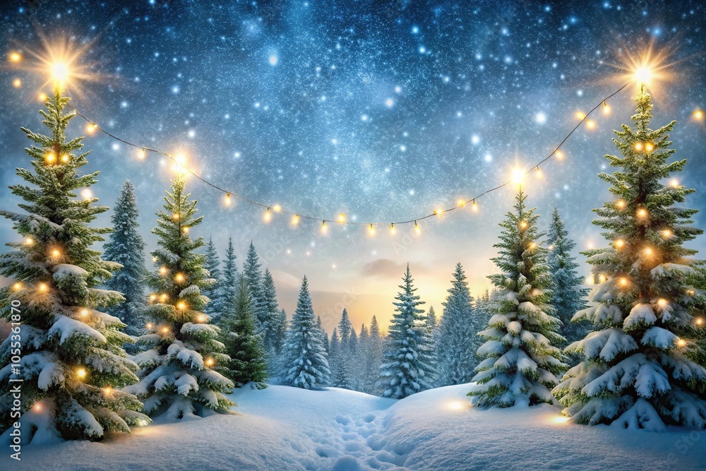 snow-covered evergreen trees with twinkling lights in a warm winter landscape, snowflakes, festive atmosphere snow-covered evergreen trees with twinkling lights in a warm winter landscape, snowflakes, festive atmosphere