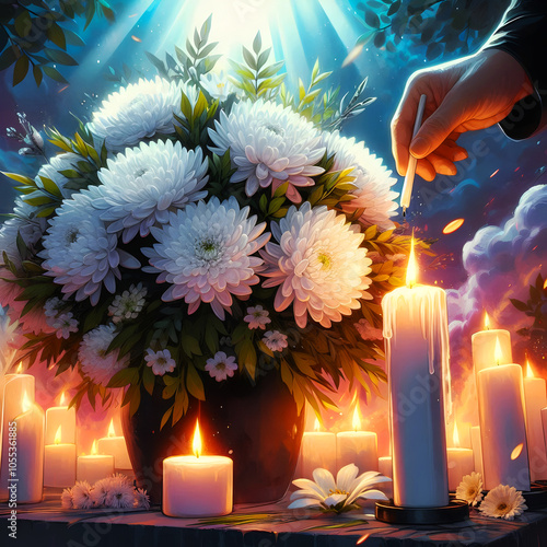 white chrysantemums in a pot vase amond lot of lit candles and a hand lighting candle memorial for deseased loved ones digitalart photo