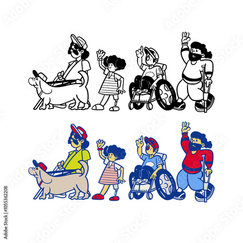 Set Disabled Characters Blind man with Cane anก dog, a girl with leg Prosthesis, Man in Wheelchair, Man on Crutch
