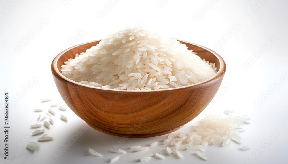 White rice in a wooden bowl floating or flying isolated white background White rice in a wooden bowl floating or flying isolated white background
