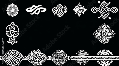 A collection of symbols and designs are displayed on a black background photo