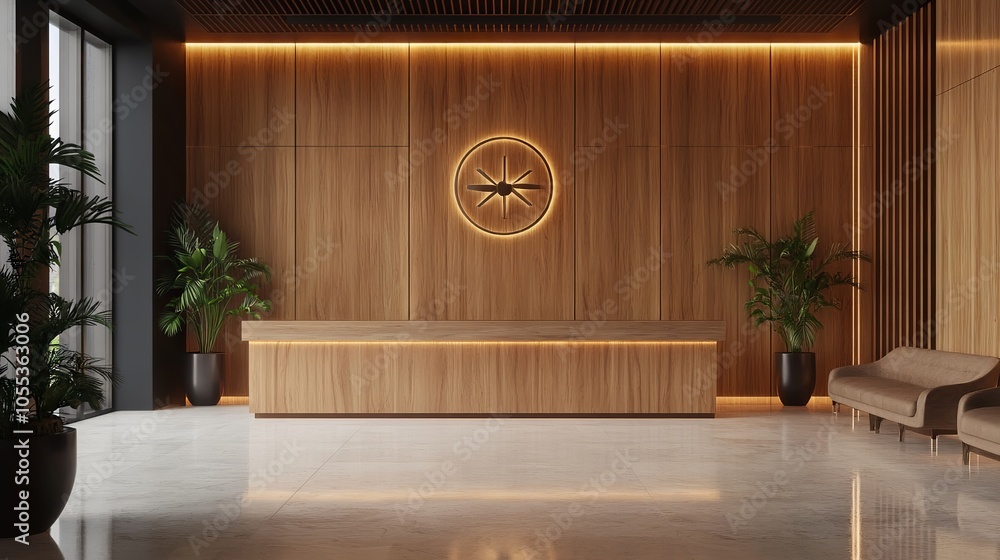 Modern wooden office lobby waiting room interior showcasing company wall logo mockup design