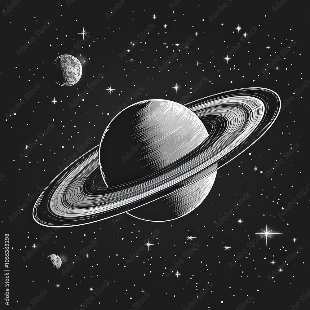 Fototapeta premium Detailed vector of Saturn with its rings and moons