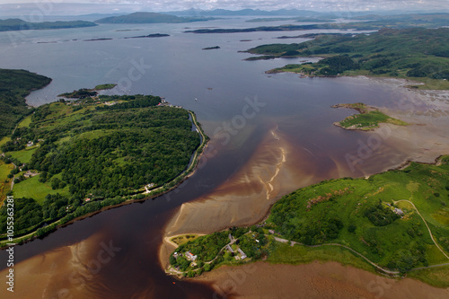 Aerial view of crinan canal and west coast sea scene with picturesque islands and lush greenery, Lochgilphead, United Kingdom. photo