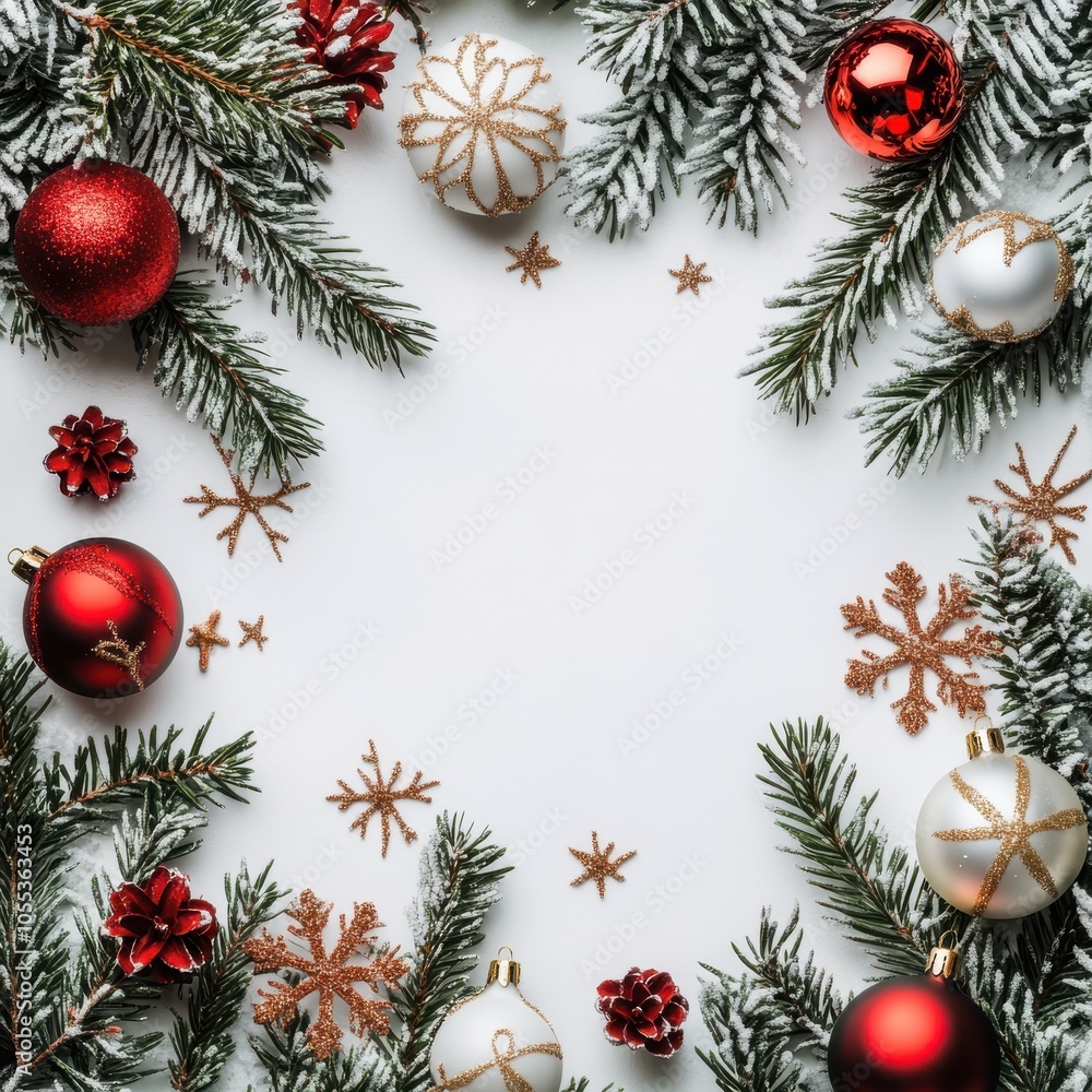 A festive Christmas greeting card background with ornaments, snowflakes, and pine branches framing a white center space for text. A festive Christmas greeting card background with ornaments, snowflakes, and pine branches framing a white center space for text.
