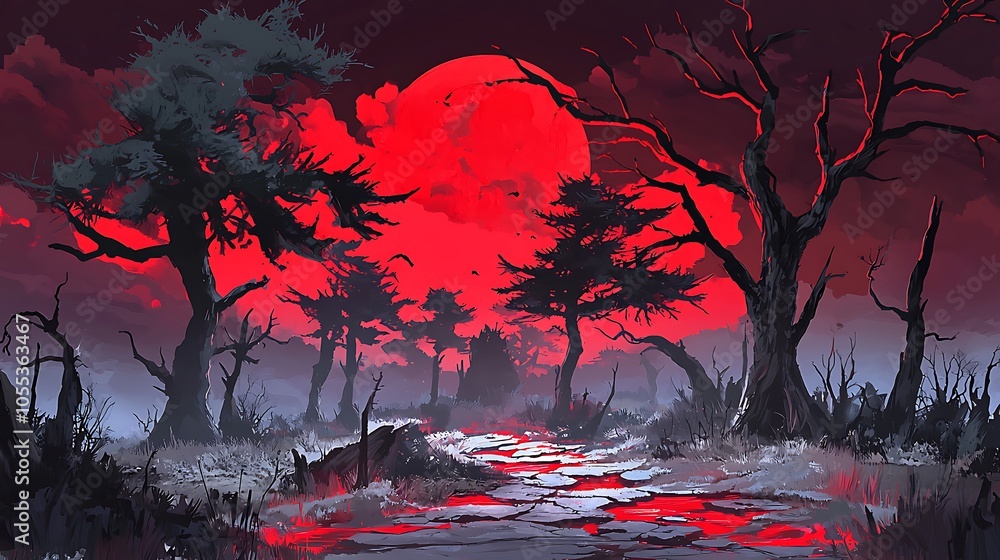 Fototapeta premium Spooky Forest Scene with Red Lighting Effects