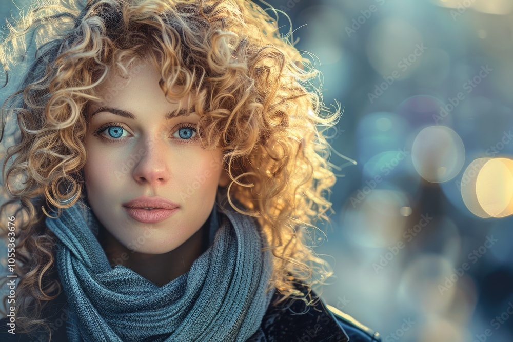 A woman with curly hair is wrapped in a scarf, a casual and relaxed scene A woman with curly hair is wrapped in a scarf, a casual and relaxed scene