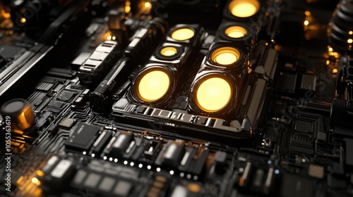 2025 chipset glowing softly amid intricate circuit patterns, capturing advanced tech details on a dark background.