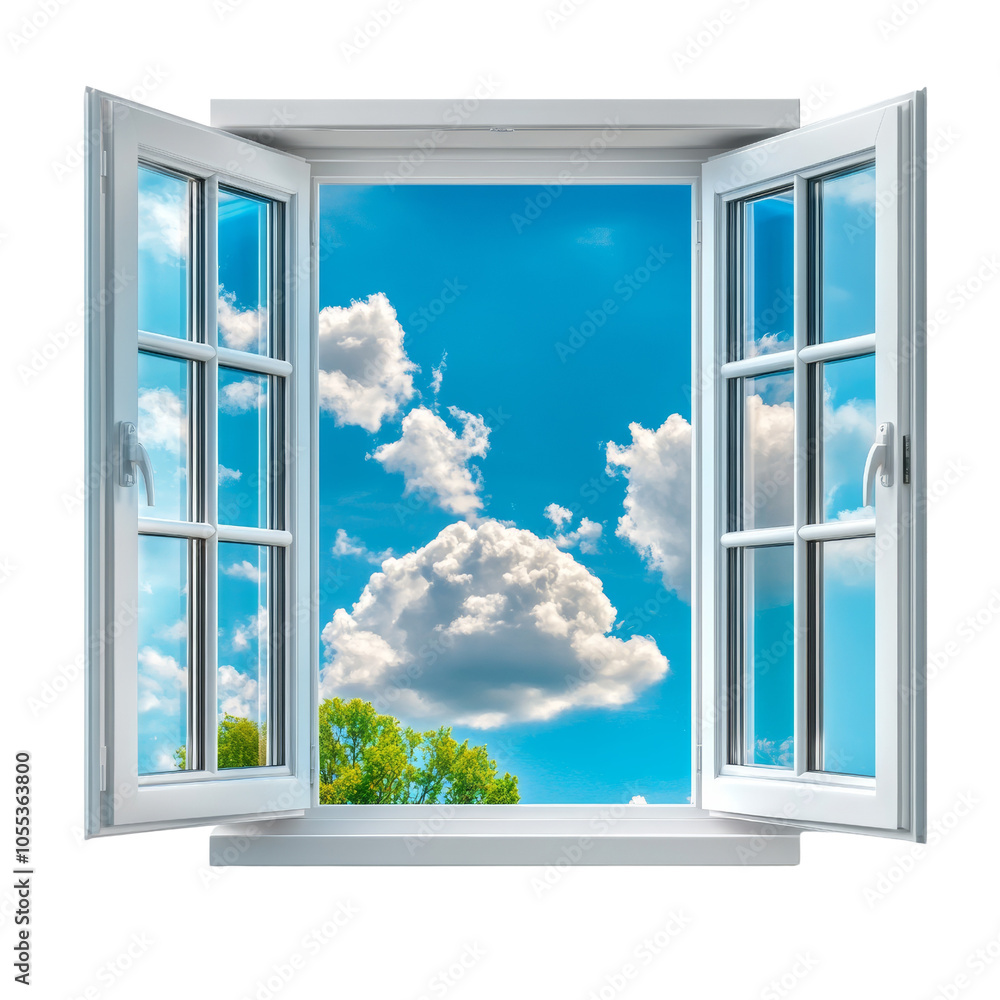 Open window revealing a bright blue sky with white clouds and green trees outside. on transparent background. Open window revealing a bright blue sky with white clouds and green trees outside. on transparent background.
