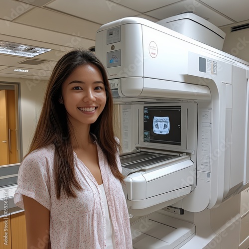 patient standing in front of a fluorography machine photo