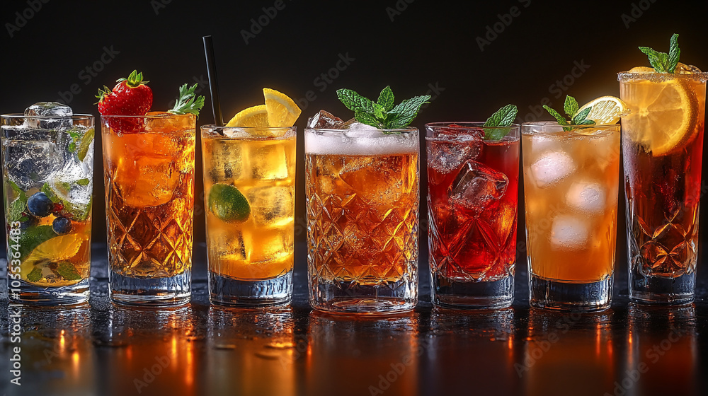 Set of alcoholic spirit cocktails close-up Set of alcoholic spirit cocktails close-up