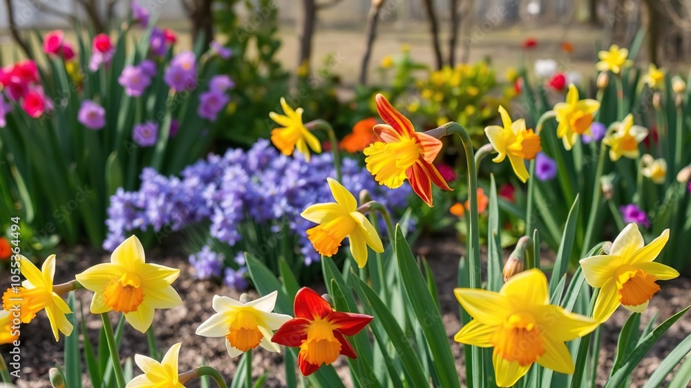Fototapeta premium Uniquely colored daffodil standing out in a garden surrounded by traditional yellow daffodils, unusual, floral