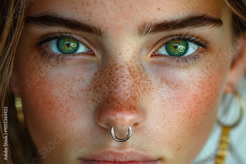 Close-up Portrait of a Woman with Green Eyes, Freckles, and a Nose Ring