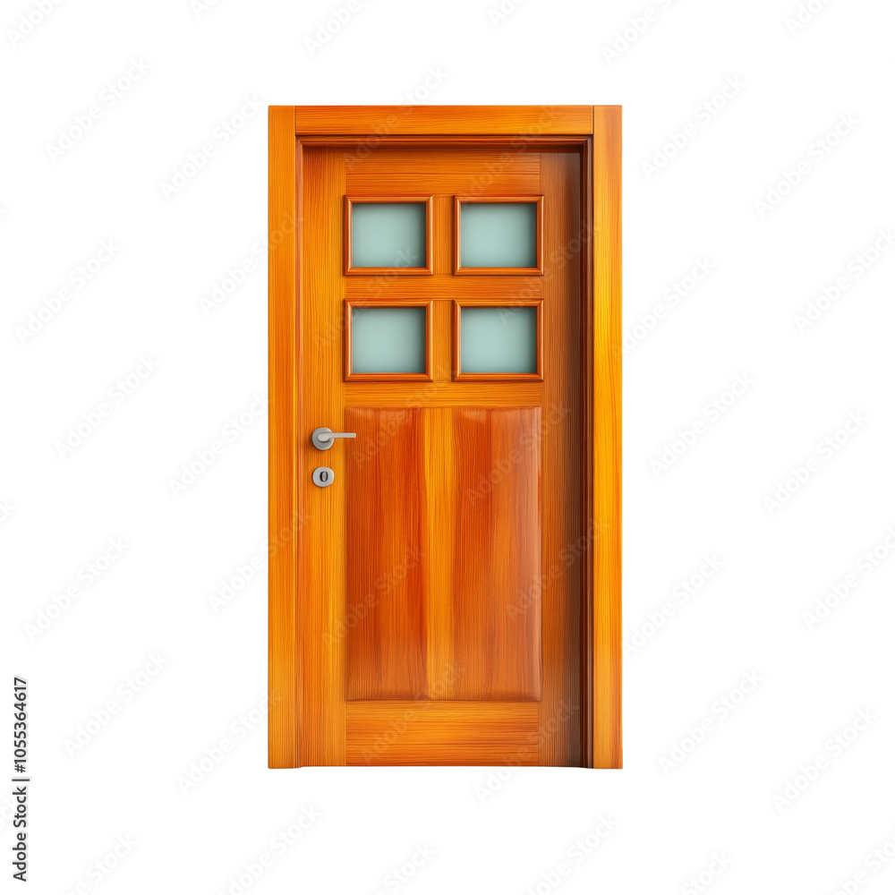 Wooden door with glass panes, modern design, on transparent background. Wooden door with glass panes, modern design, on transparent background.