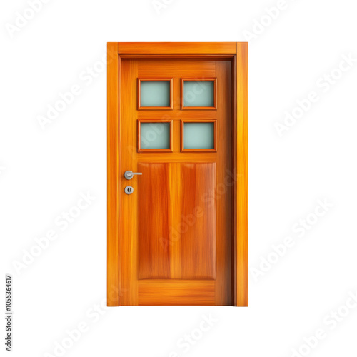 Wooden door with glass panes, modern design, on transparent background. photo