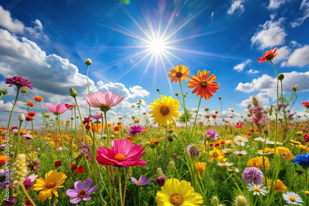 Vibrant flowers in a meadow with a sunny sky and gentle breeze, grass, outdoors Vibrant flowers in a meadow with a sunny sky and gentle breeze, grass, outdoors