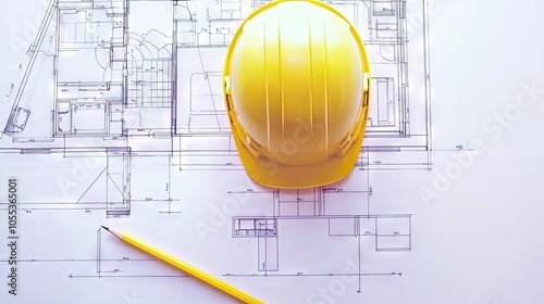 Architectural blueprint on desk with yellow helmet, pencil resting on it, capturing planning and creativity in building design