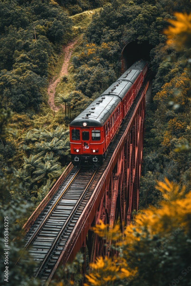 Obraz premium A scenic view of a red train passing through a dense and vibrant green forest