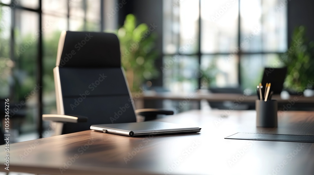 Blurred executive office desk in professional setting ideal virtual background for online meetings, educational sessions, and business video conferences